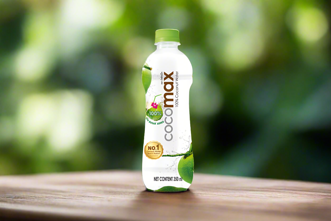 Cocamax coconut water bottle on a white background