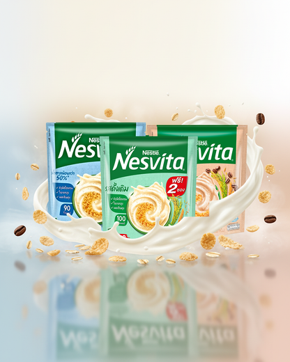 Nestle Nesvita cereal packages with milk and cereal pieces on a light background